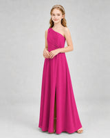 Hot Pink Chiffon One-Shoulder Junior Bridesmaid Dresses Side View