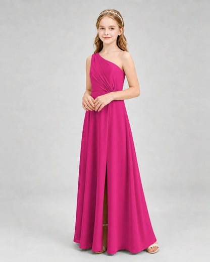 Dideyttawl One Shoulder Pleated Chiffon Junior Bridesmaid Dress with Slit and Back Bow