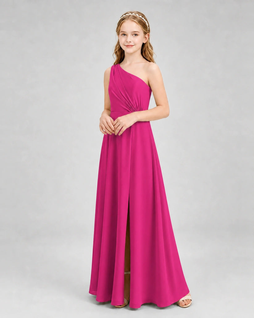 Hot Pink Chiffon One-Shoulder Junior Bridesmaid Dresses Side View