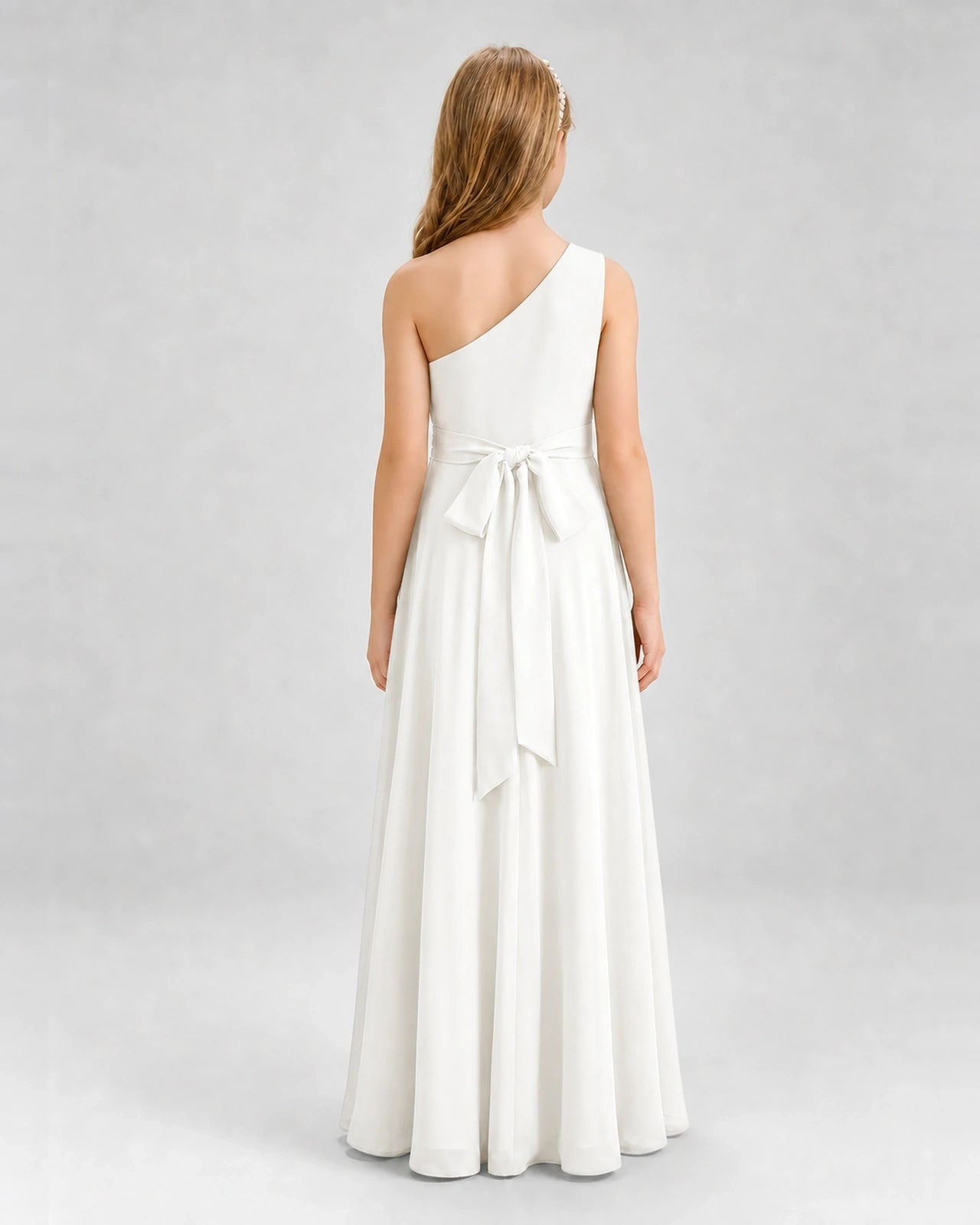 Dideyttawl One Shoulder Pleated Chiffon Junior Bridesmaid Dress with Slit and Back Bow