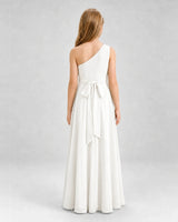 Ivory Chiffon One-Shoulder Bow Junior Bridesmaid Dress Back View