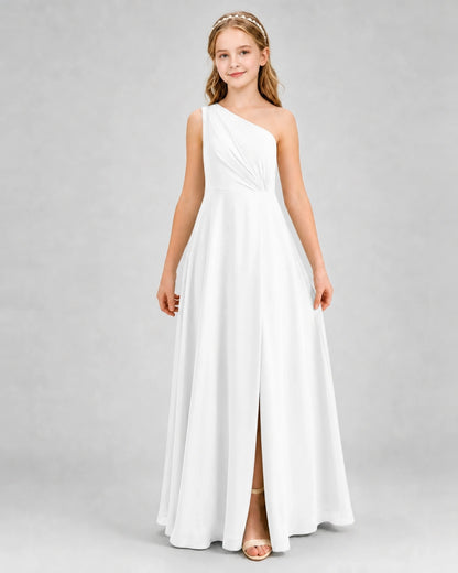 Dideyttawl One Shoulder Pleated Chiffon Junior Bridesmaid Dress with Slit and Back Bow