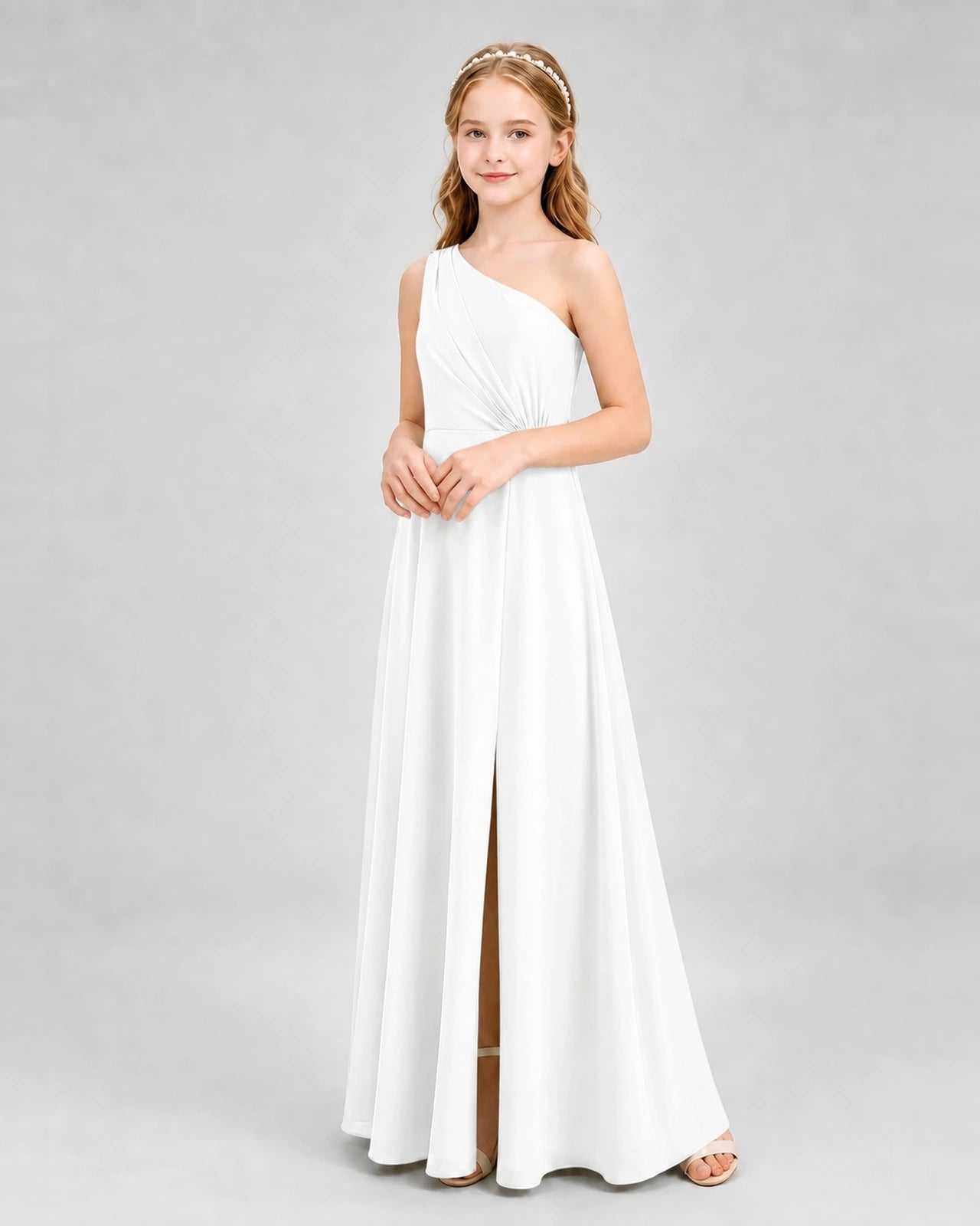Dideyttawl One Shoulder Pleated Chiffon Junior Bridesmaid Dress with Slit and Back Bow