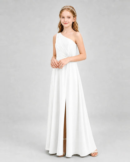 Dideyttawl One Shoulder Pleated Chiffon Junior Bridesmaid Dress with Slit and Back Bow