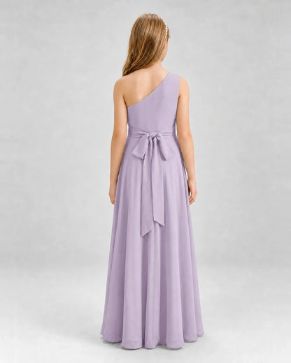 Dideyttawl One Shoulder Pleated Chiffon Junior Bridesmaid Dress with Slit and Back Bow