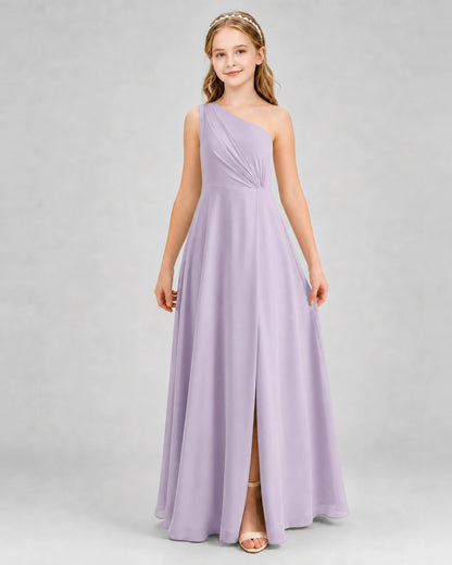 Dideyttawl One Shoulder Pleated Chiffon Junior Bridesmaid Dress with Slit and Back Bow