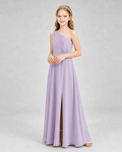 Dideyttawl One Shoulder Pleated Chiffon Junior Bridesmaid Dress with Slit and Back Bow