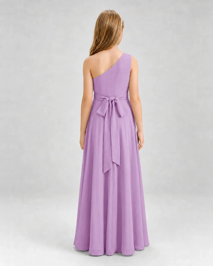 Dideyttawl One Shoulder Pleated Chiffon Junior Bridesmaid Dress with Slit and Back Bow
