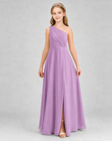Lilac Chiffon One-Shoulder Junior Bridesmaid Dresses Front View