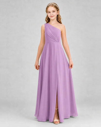 Dideyttawl One Shoulder Pleated Chiffon Junior Bridesmaid Dress with Slit and Back Bow