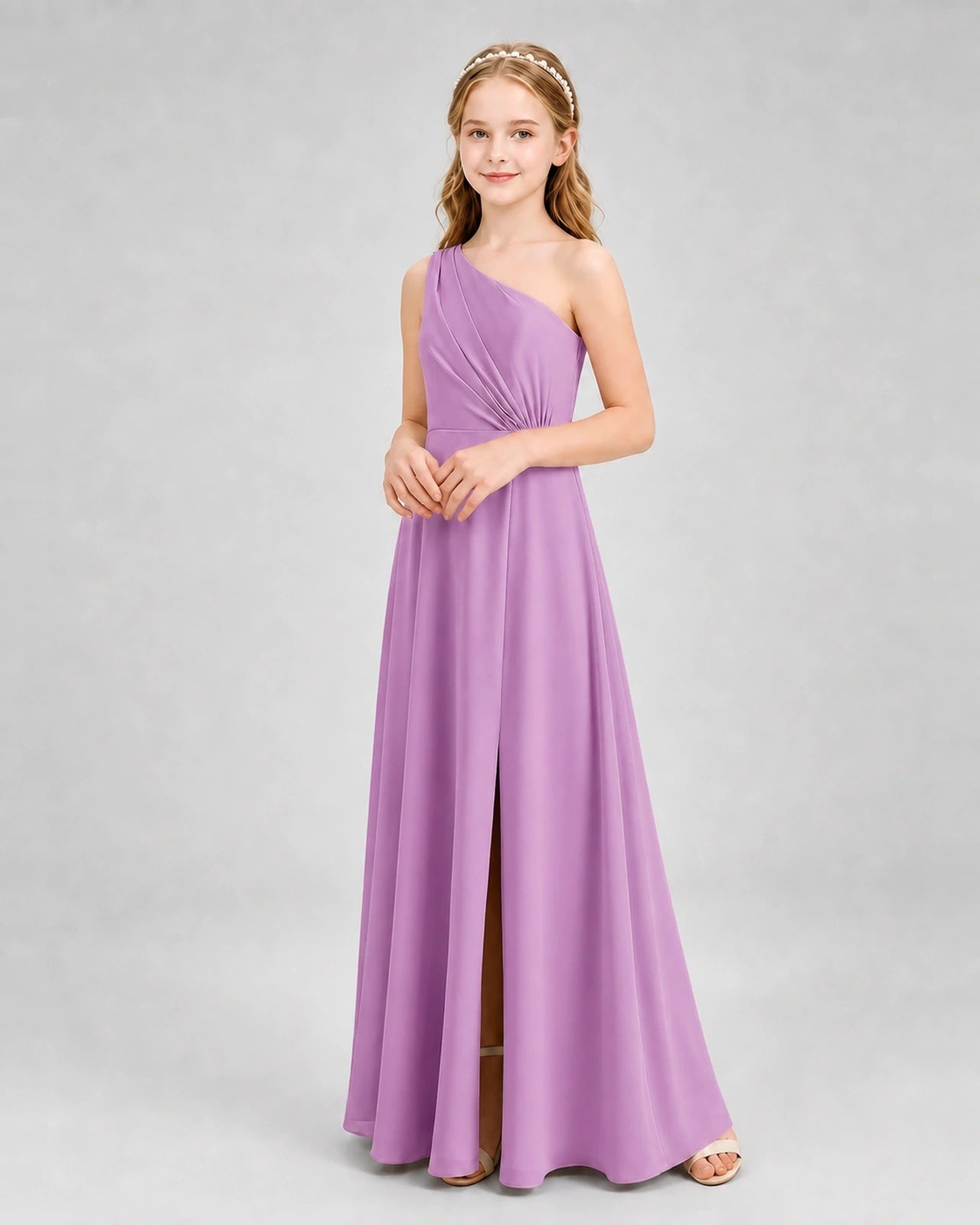 Dideyttawl One Shoulder Pleated Chiffon Junior Bridesmaid Dress with Slit and Back Bow