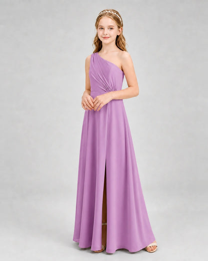 Dideyttawl One Shoulder Pleated Chiffon Junior Bridesmaid Dress with Slit and Back Bow