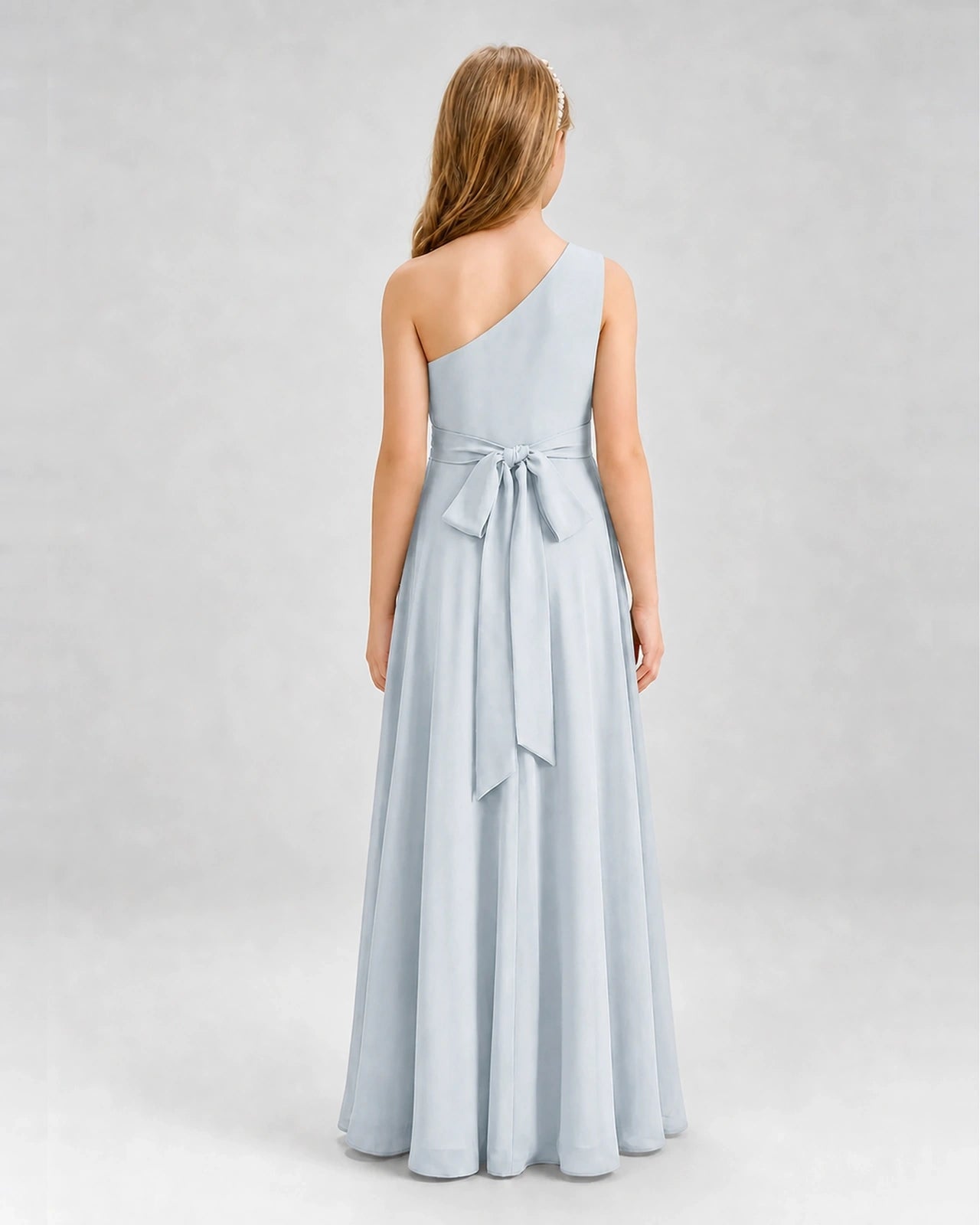 Dideyttawl One Shoulder Pleated Chiffon Junior Bridesmaid Dress with Slit and Back Bow