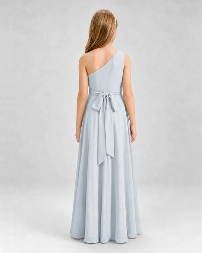 Dideyttawl One Shoulder Pleated Chiffon Junior Bridesmaid Dress with Slit and Back Bow