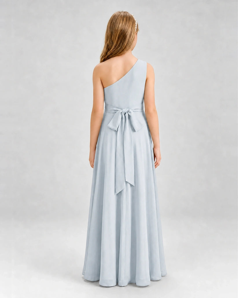 Mist Chiffon One-Shoulder Junior Bridesmaid Dress Back View