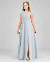 Mist Chiffon One-Shoulder Junior Bridesmaid Dresses Front View