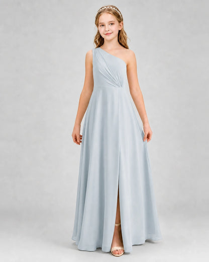 Dideyttawl One Shoulder Pleated Chiffon Junior Bridesmaid Dress with Slit and Back Bow