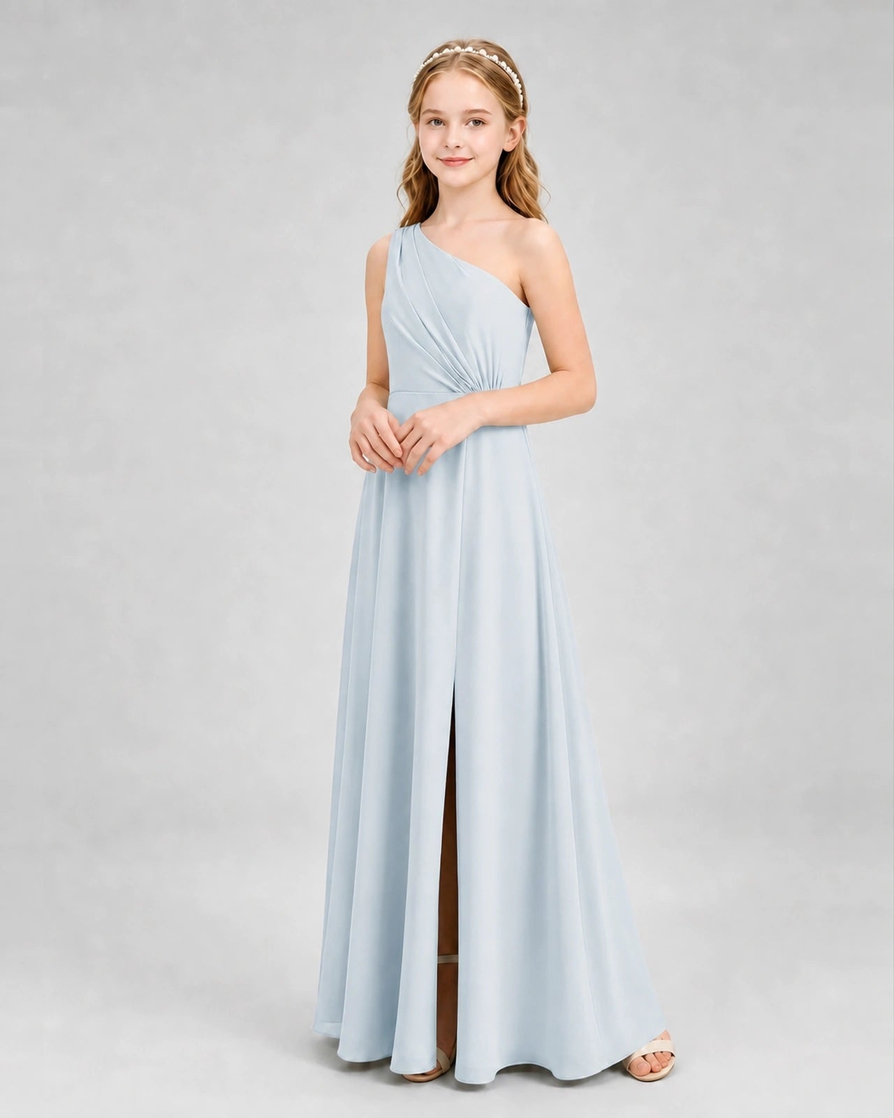 Dideyttawl One Shoulder Pleated Chiffon Junior Bridesmaid Dress with Slit and Back Bow