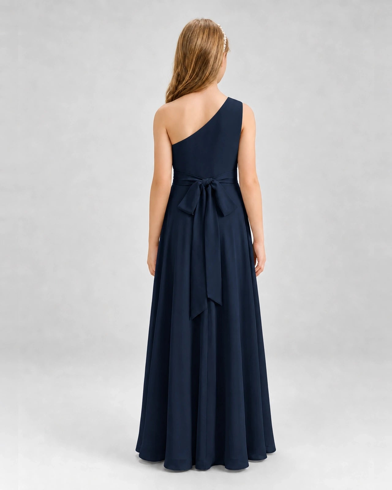 Dideyttawl One Shoulder Pleated Chiffon Junior Bridesmaid Dress with Slit and Back Bow