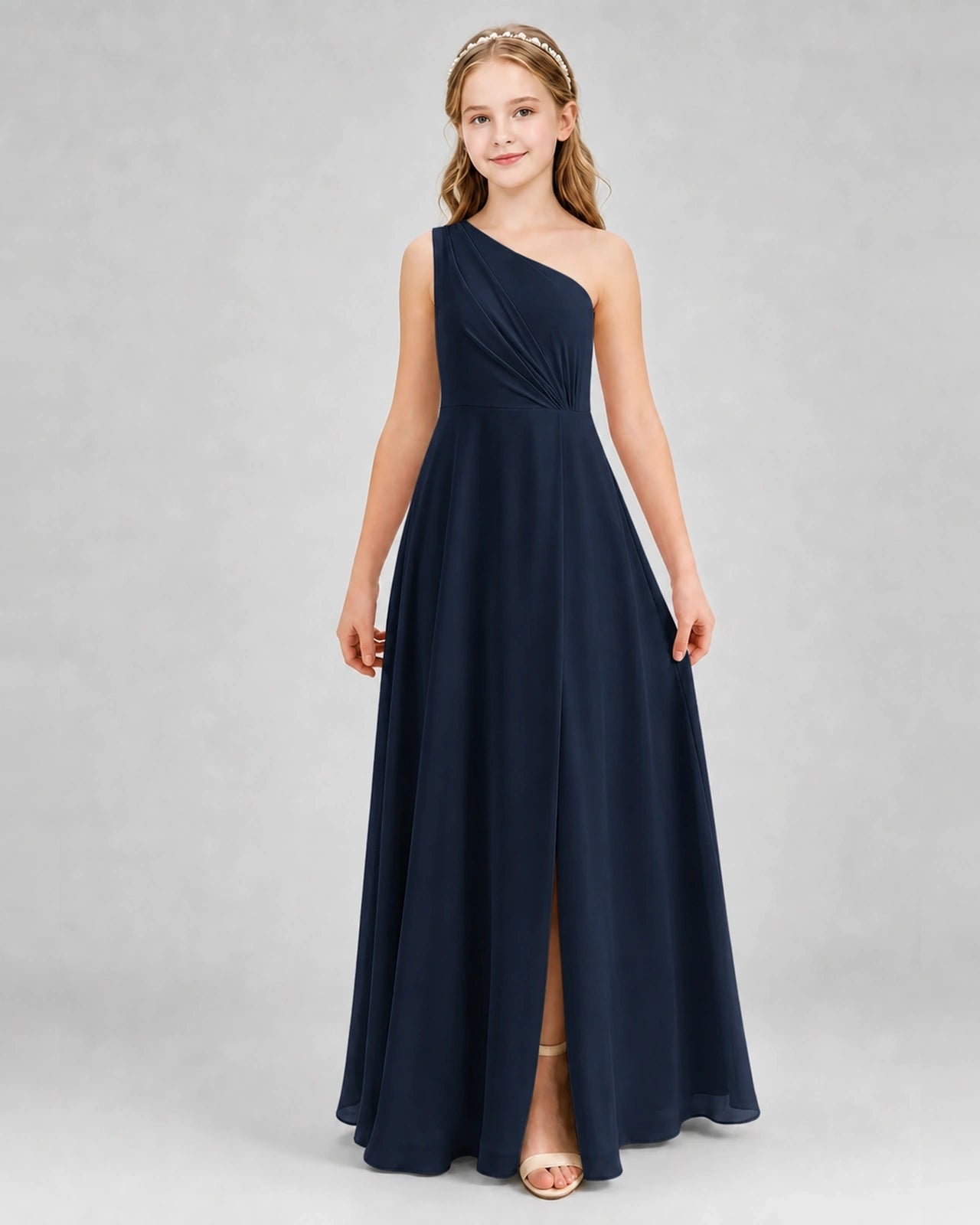 Dideyttawl One Shoulder Pleated Chiffon Junior Bridesmaid Dress with Slit and Back Bow