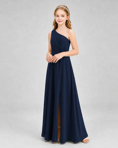 Dideyttawl One Shoulder Pleated Chiffon Junior Bridesmaid Dress with Slit and Back Bow