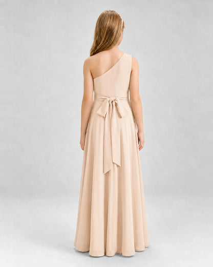 Dideyttawl One Shoulder Pleated Chiffon Junior Bridesmaid Dress with Slit and Back Bow