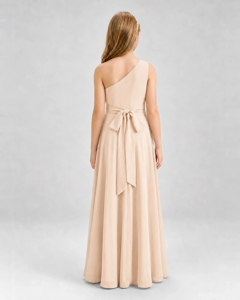 Peach Chiffon One-Shoulder Junior Bridesmaid Dress Back View