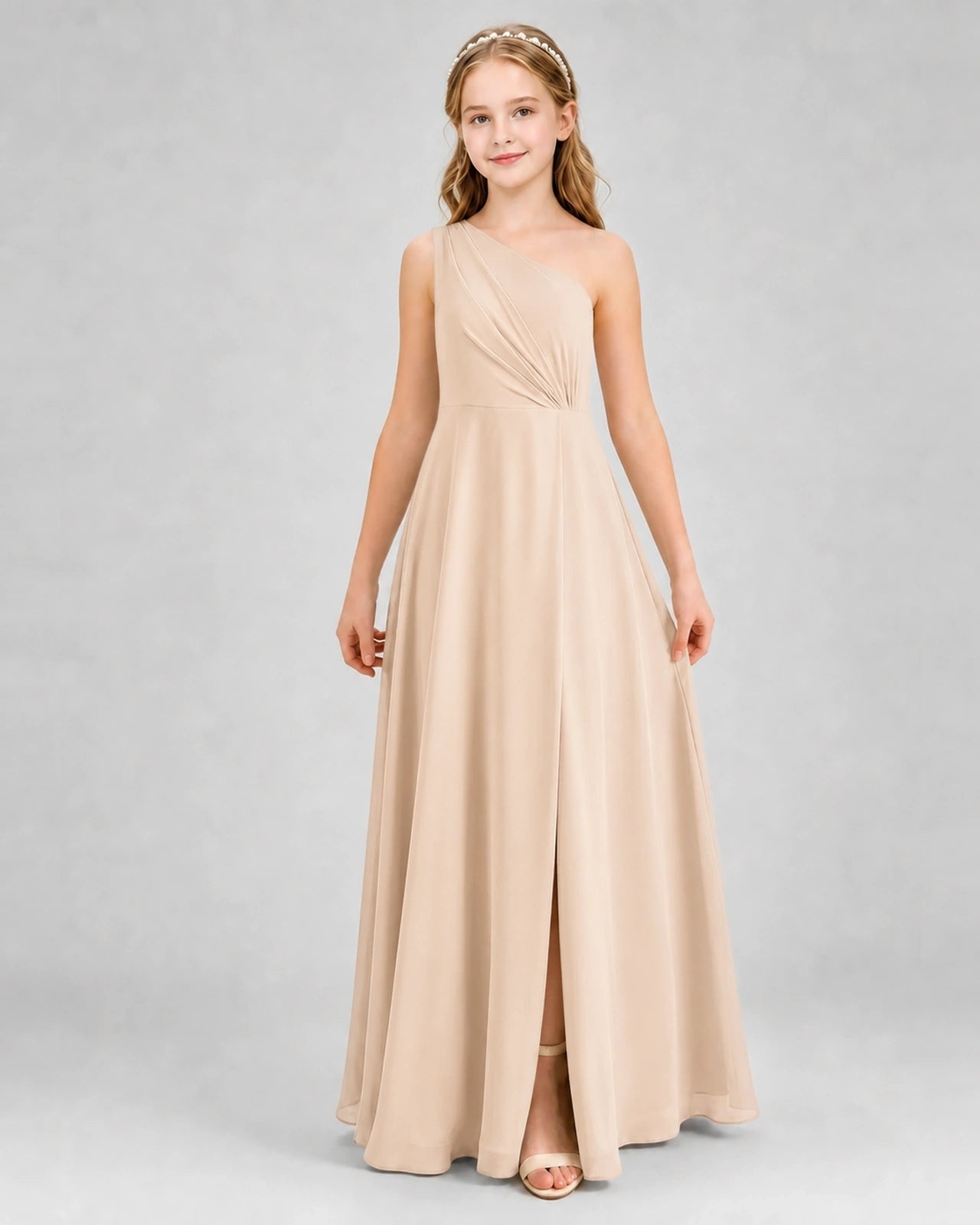 Dideyttawl One Shoulder Pleated Chiffon Junior Bridesmaid Dress with Slit and Back Bow