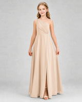 Peach Chiffon One-Shoulder A-Line Junior Bridesmaid Dresses Front View