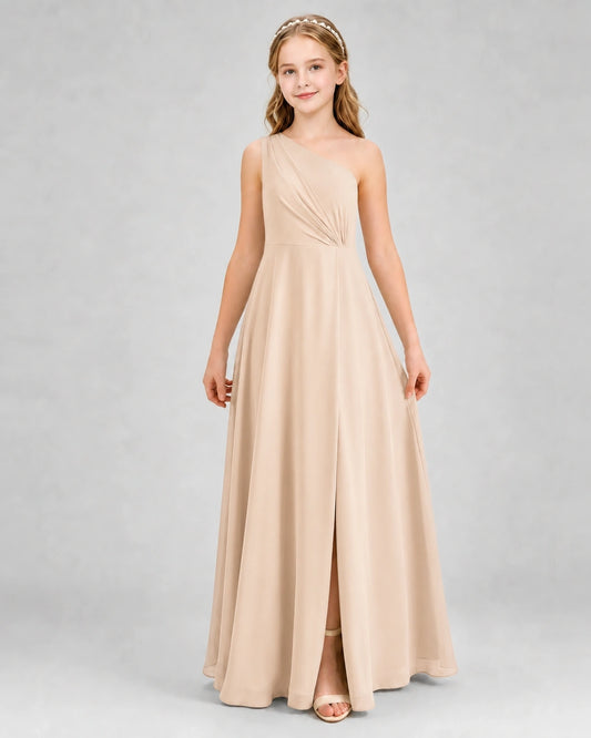 Peach Chiffon One-Shoulder A-Line Junior Bridesmaid Dresses Front View