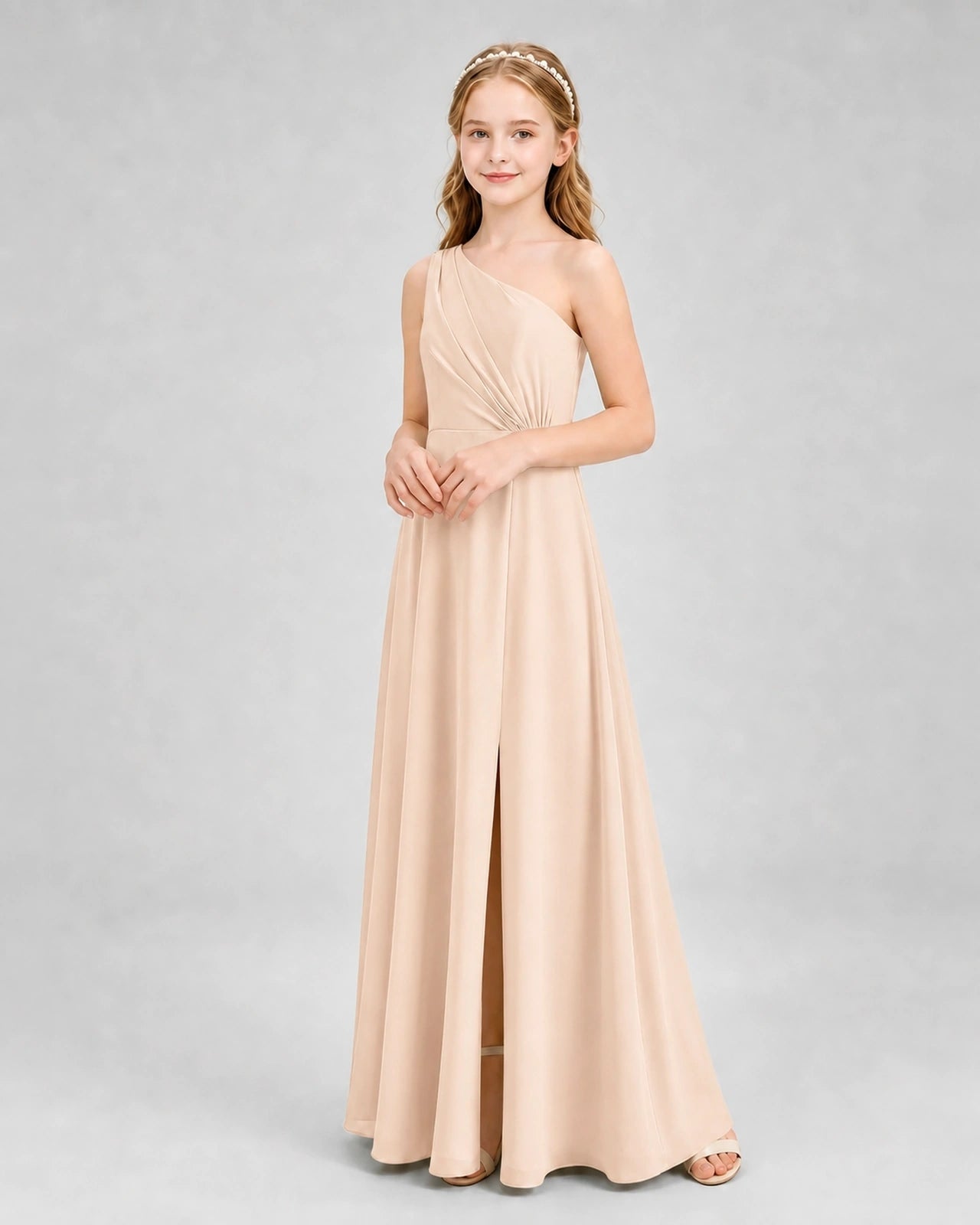 Dideyttawl One Shoulder Pleated Chiffon Junior Bridesmaid Dress with Slit and Back Bow