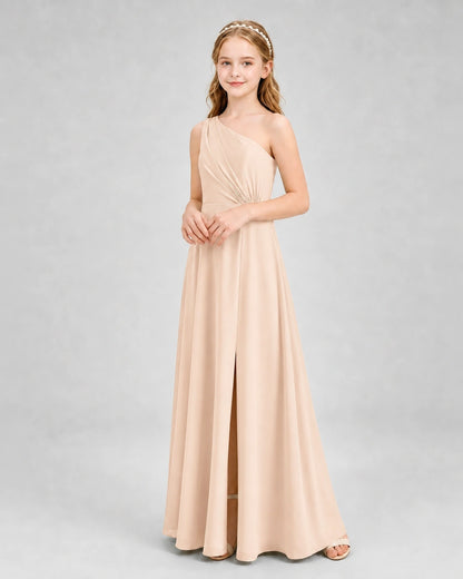 Dideyttawl One Shoulder Pleated Chiffon Junior Bridesmaid Dress with Slit and Back Bow