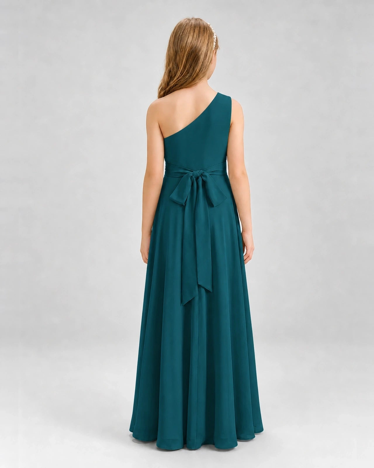 Dideyttawl One Shoulder Pleated Chiffon Junior Bridesmaid Dress with Slit and Back Bow