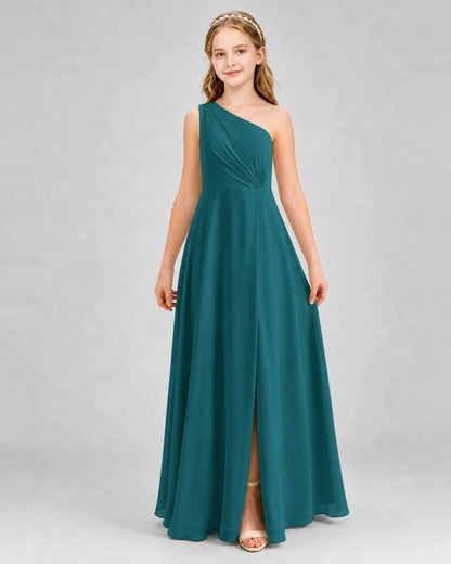 Dideyttawl One Shoulder Pleated Chiffon Junior Bridesmaid Dress with Slit and Back Bow