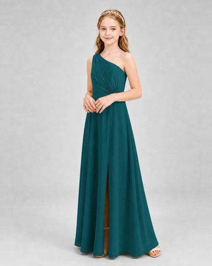 Dideyttawl One Shoulder Pleated Chiffon Junior Bridesmaid Dress with Slit and Back Bow