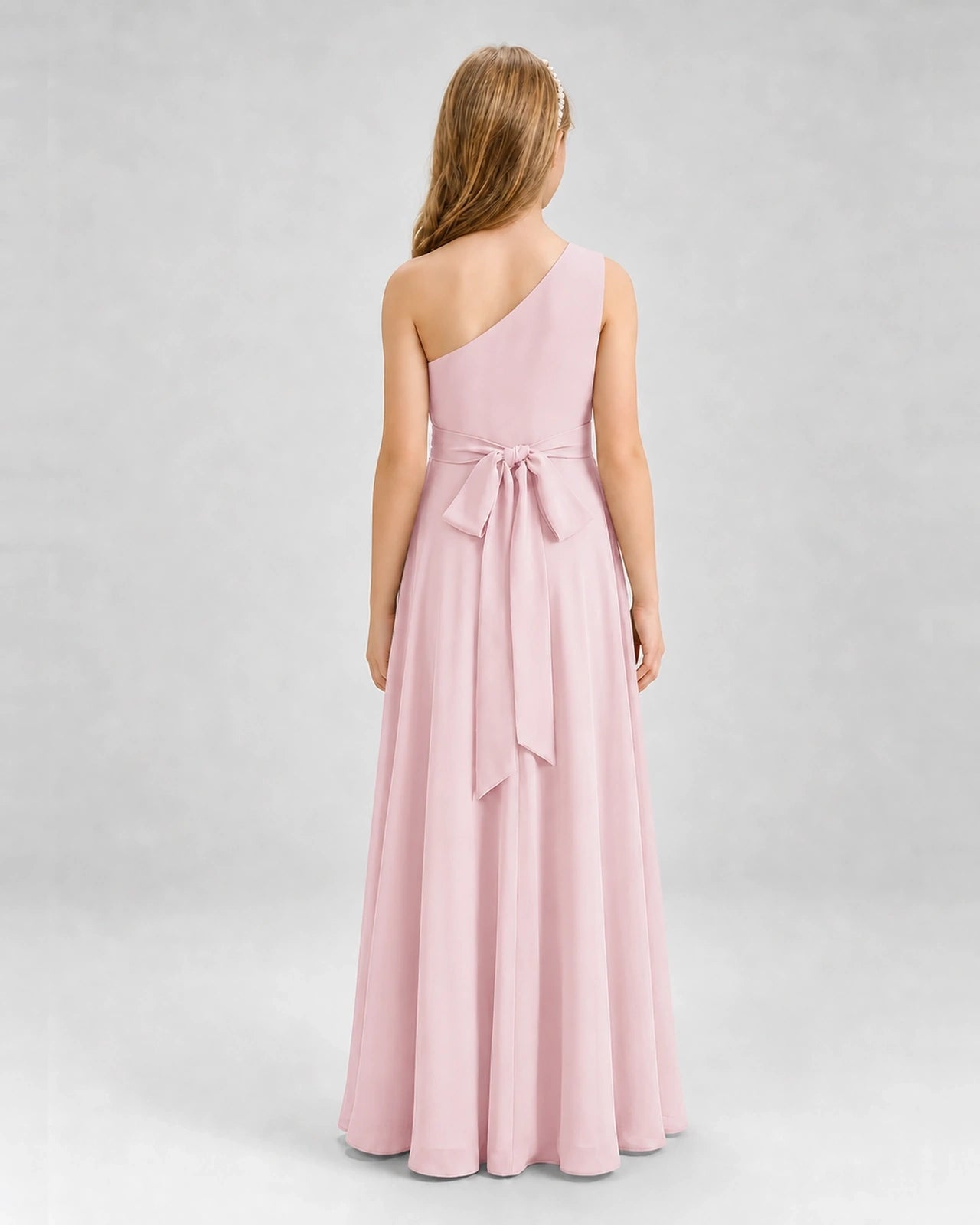 Dideyttawl One Shoulder Pleated Chiffon Junior Bridesmaid Dress with Slit and Back Bow