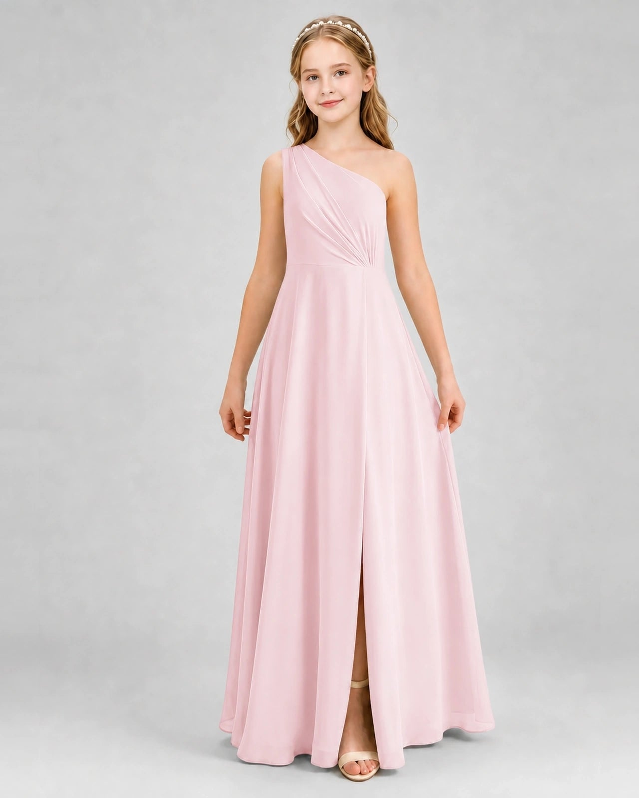 Dideyttawl One Shoulder Pleated Chiffon Junior Bridesmaid Dress with Slit and Back Bow