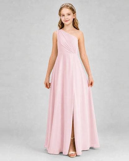 Dideyttawl One Shoulder Pleated Chiffon Junior Bridesmaid Dress with Slit and Back Bow
