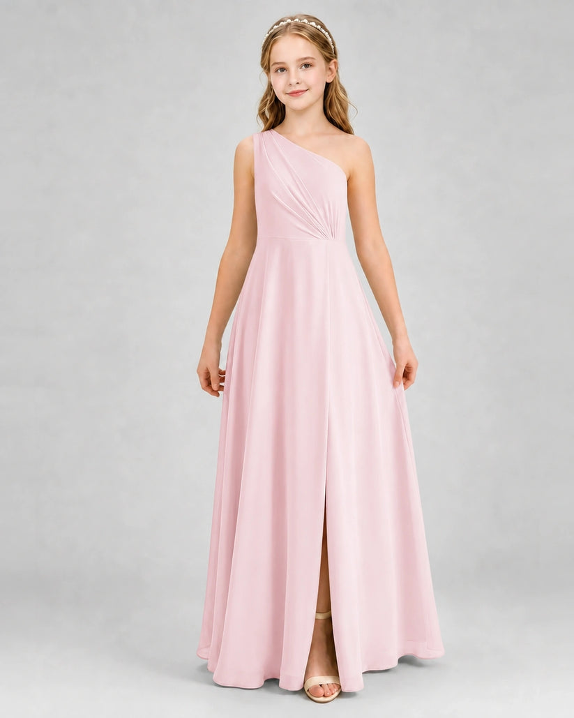 Pink Chiffon One Shoulder A-Line Junior Bridesmaid Dresses Front View