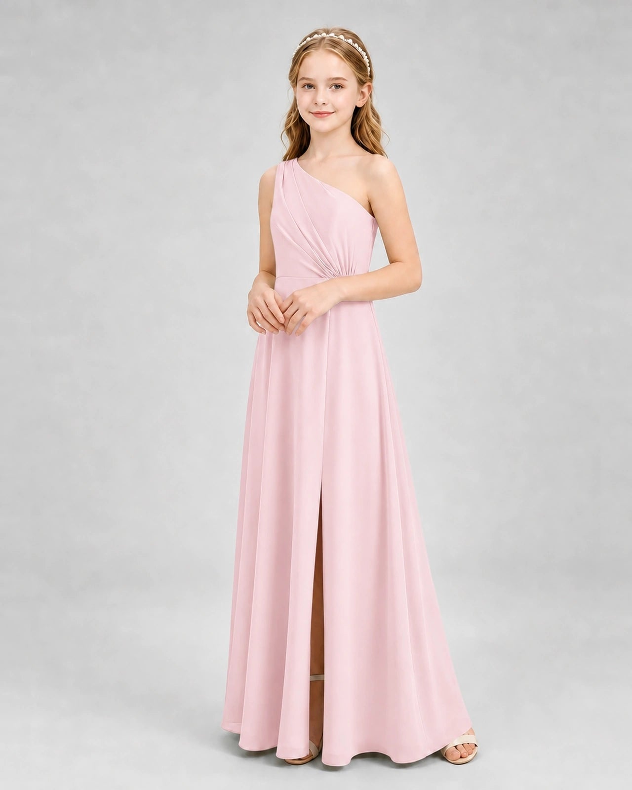 Dideyttawl One Shoulder Pleated Chiffon Junior Bridesmaid Dress with Slit and Back Bow
