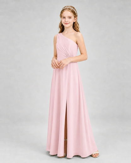 Dideyttawl One Shoulder Pleated Chiffon Junior Bridesmaid Dress with Slit and Back Bow