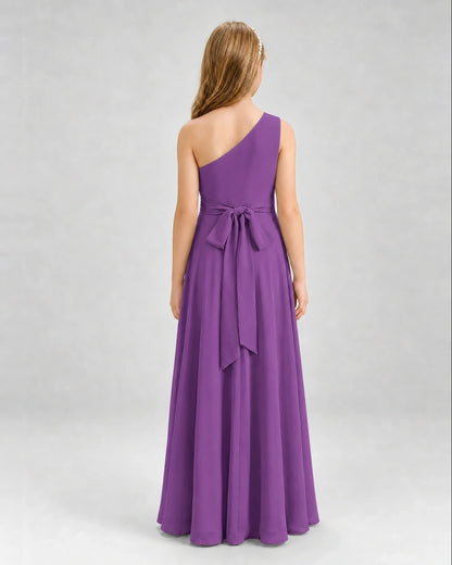 Dideyttawl One Shoulder Pleated Chiffon Junior Bridesmaid Dress with Slit and Back Bow