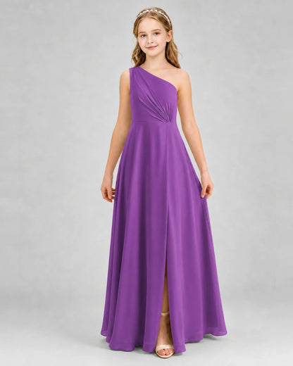 Dideyttawl One Shoulder Pleated Chiffon Junior Bridesmaid Dress with Slit and Back Bow
