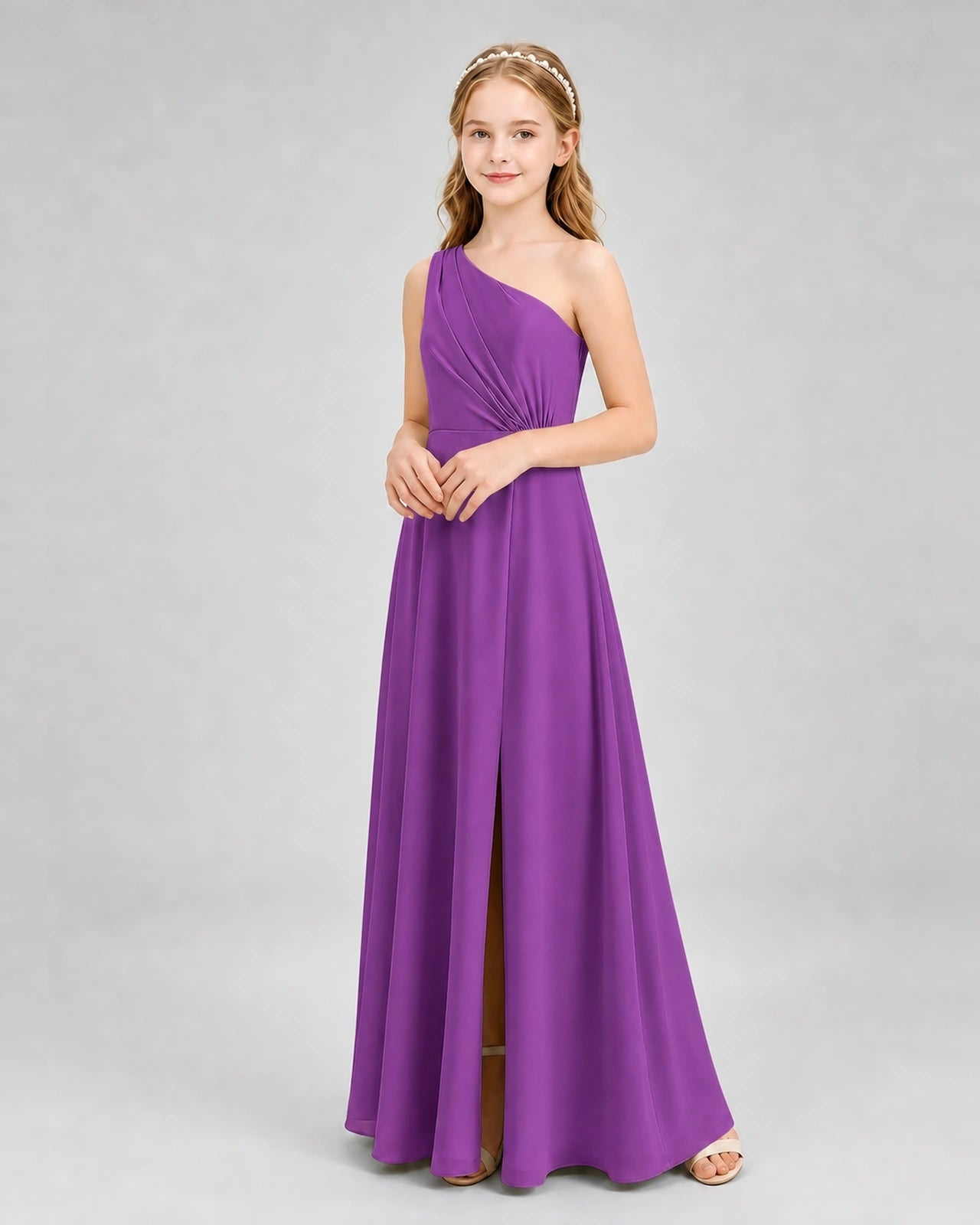 Dideyttawl One Shoulder Pleated Chiffon Junior Bridesmaid Dress with Slit and Back Bow