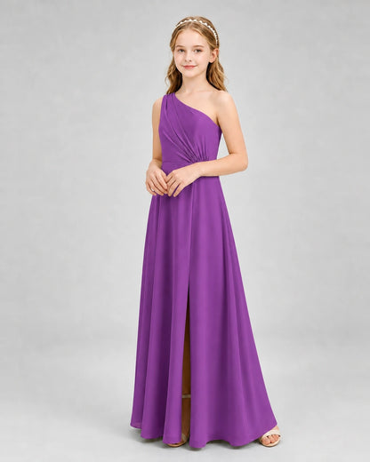 Dideyttawl One Shoulder Pleated Chiffon Junior Bridesmaid Dress with Slit and Back Bow