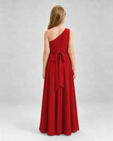 Red Chiffon One-Shoulder Junior Bridesmaid Dresses Back View