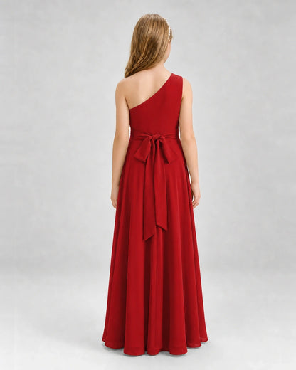 Dideyttawl One Shoulder Pleated Chiffon Junior Bridesmaid Dress with Slit and Back Bow