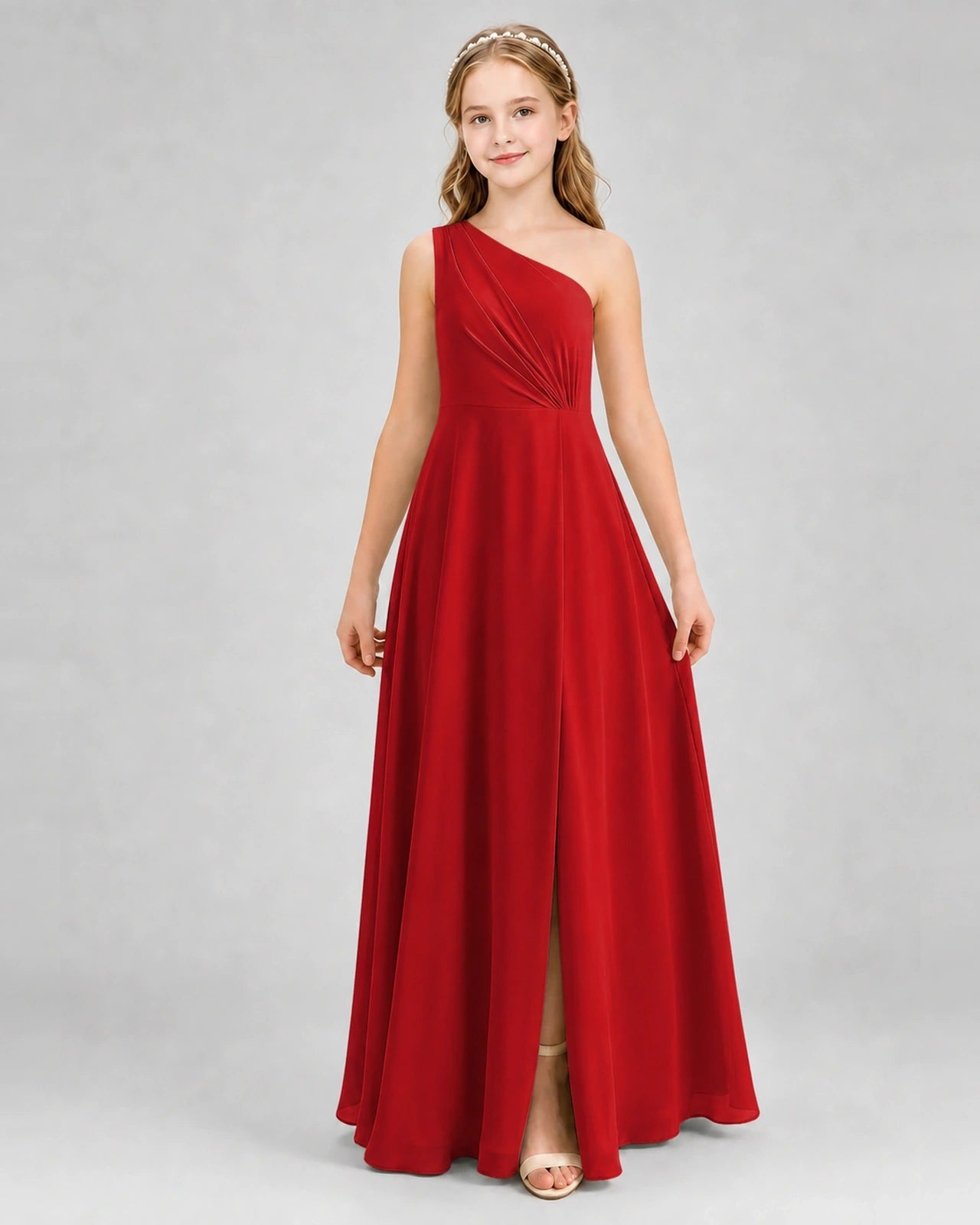 Dideyttawl One Shoulder Pleated Chiffon Junior Bridesmaid Dress with Slit and Back Bow