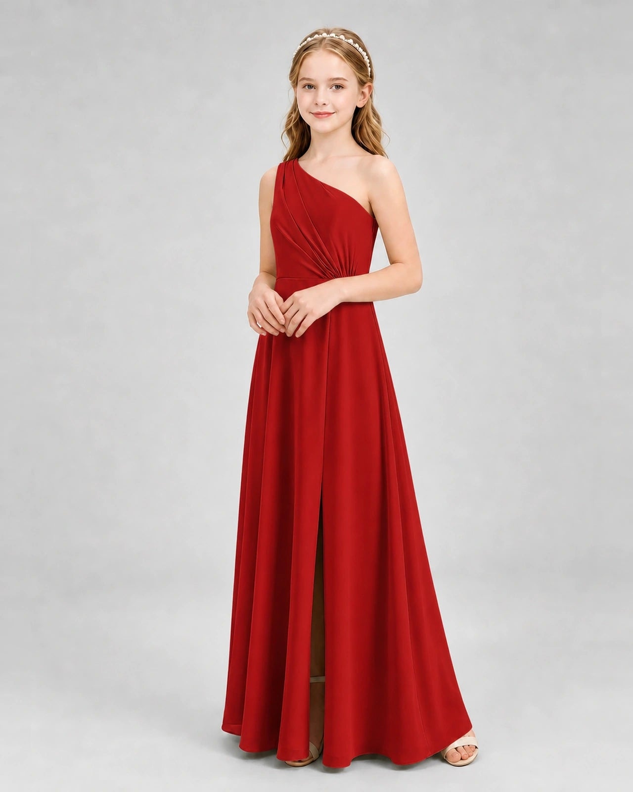 Dideyttawl One Shoulder Pleated Chiffon Junior Bridesmaid Dress with Slit and Back Bow