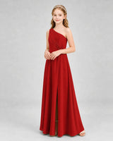 Red Chiffon One-Shoulder Junior Bridesmaid Dresses Side View